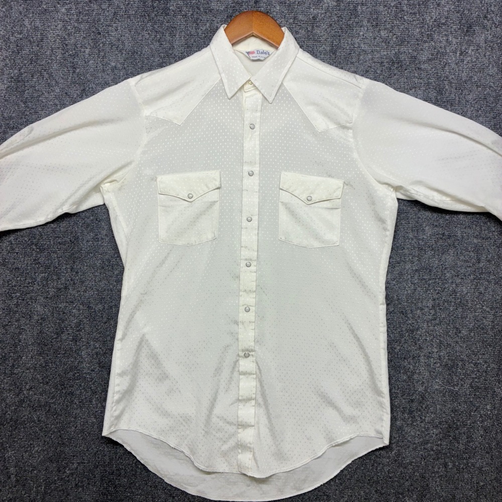 Dale's Western Shirt Off White Pearl Snap Dobby Vintage Mens L Long Sleeve USA